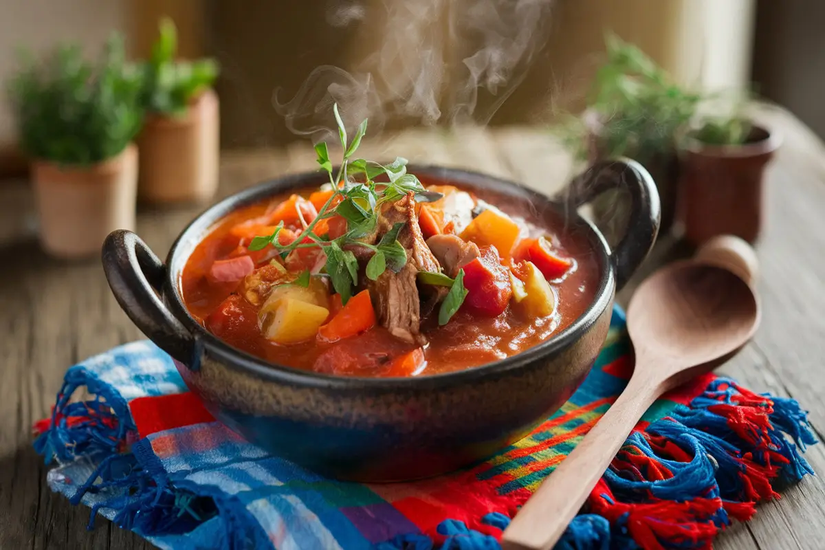 A steaming bowl of Chilean tomato stew with vegetables and meat.