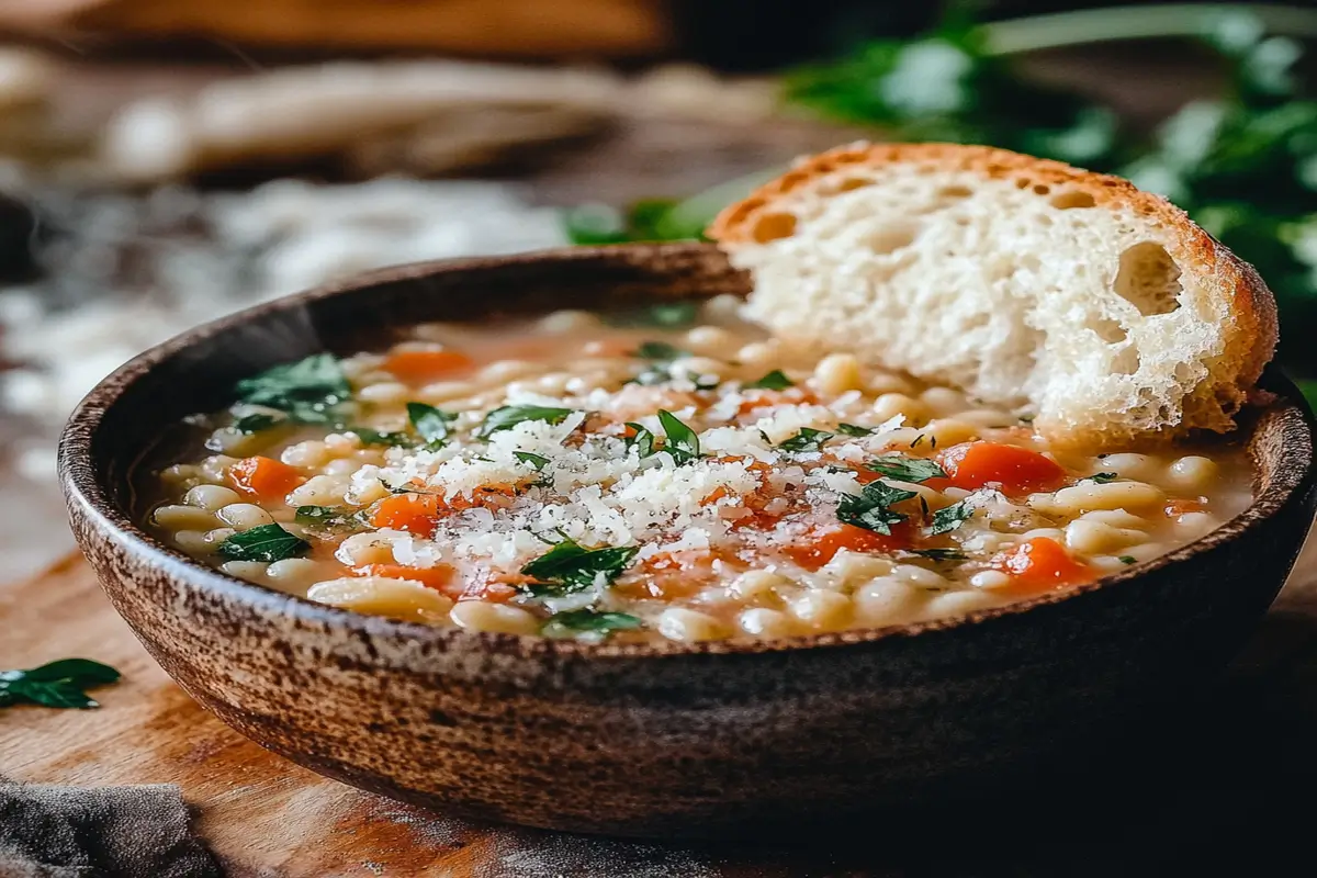 Home Page 11 Rustic bowl of Italian pastina soup with bread and Parmesan.