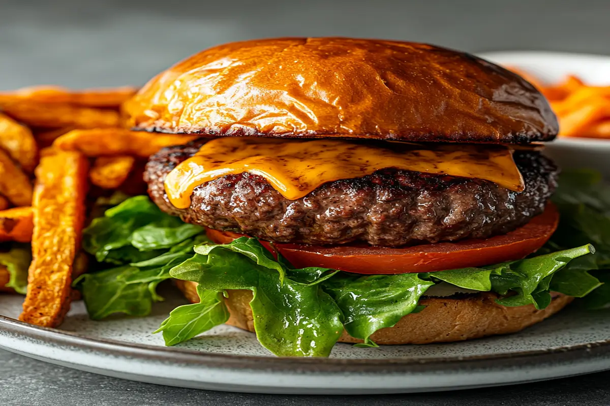 Home Page 9 A venison burger served with sweet potato fries and a fresh salad on a plate.