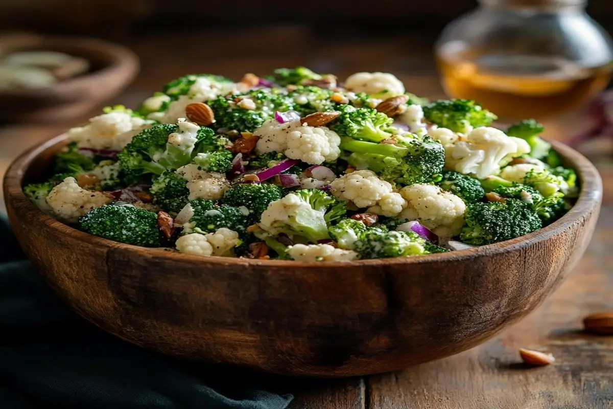 Home Page 10 Final presentation of a broccoli cauliflower salad.