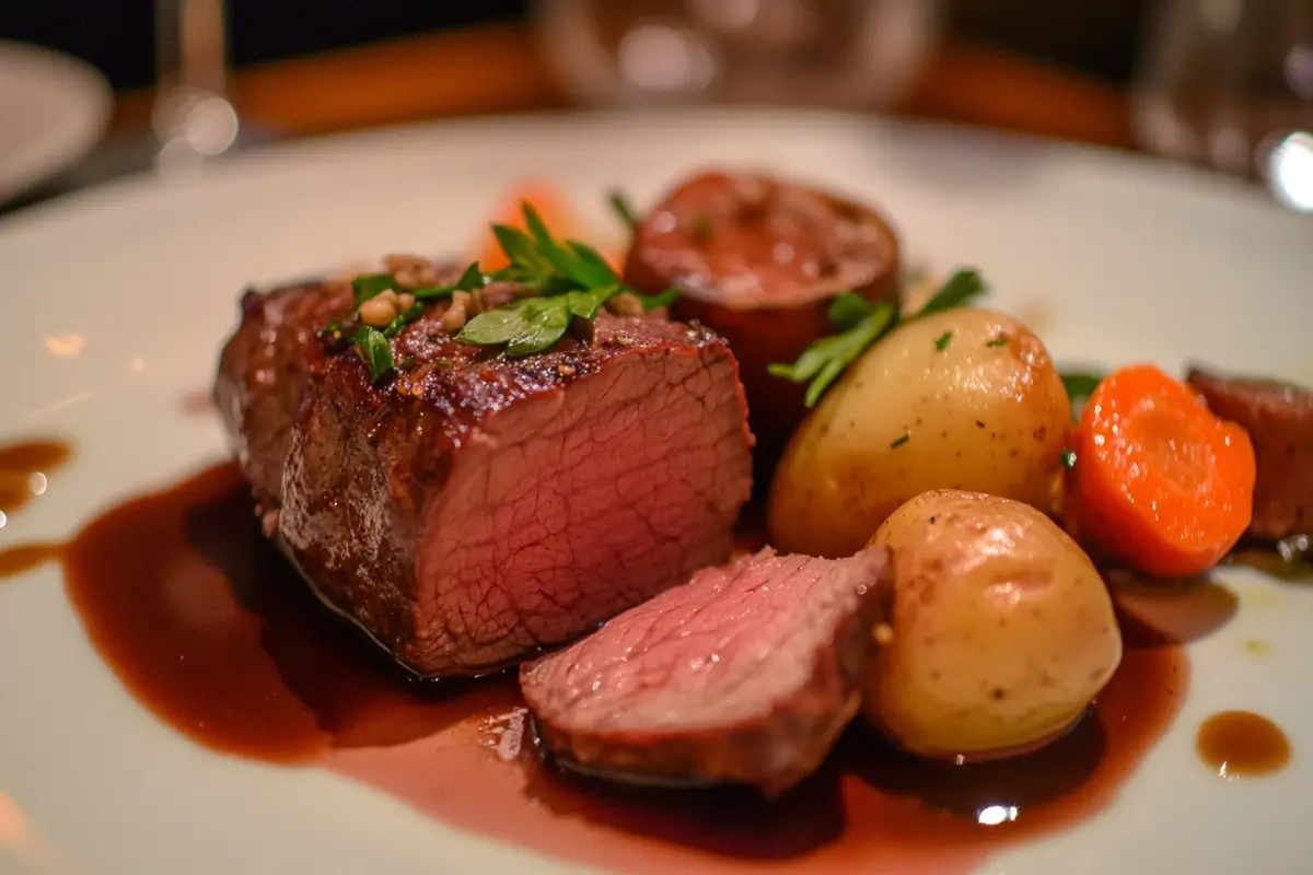 Home Page 6 Sliced beef arm roast with roasted vegetables on a plate.